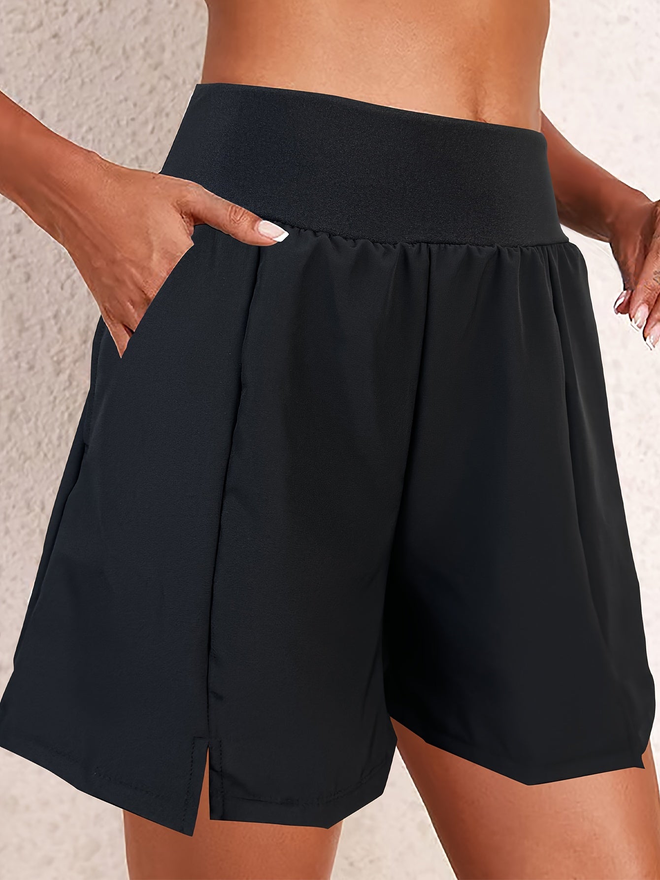 QVR Women's High-Waist Swim Shorts - Solid color, nylon & spandex blend, non-see-through, with pockets. Ideal for beach vacations.