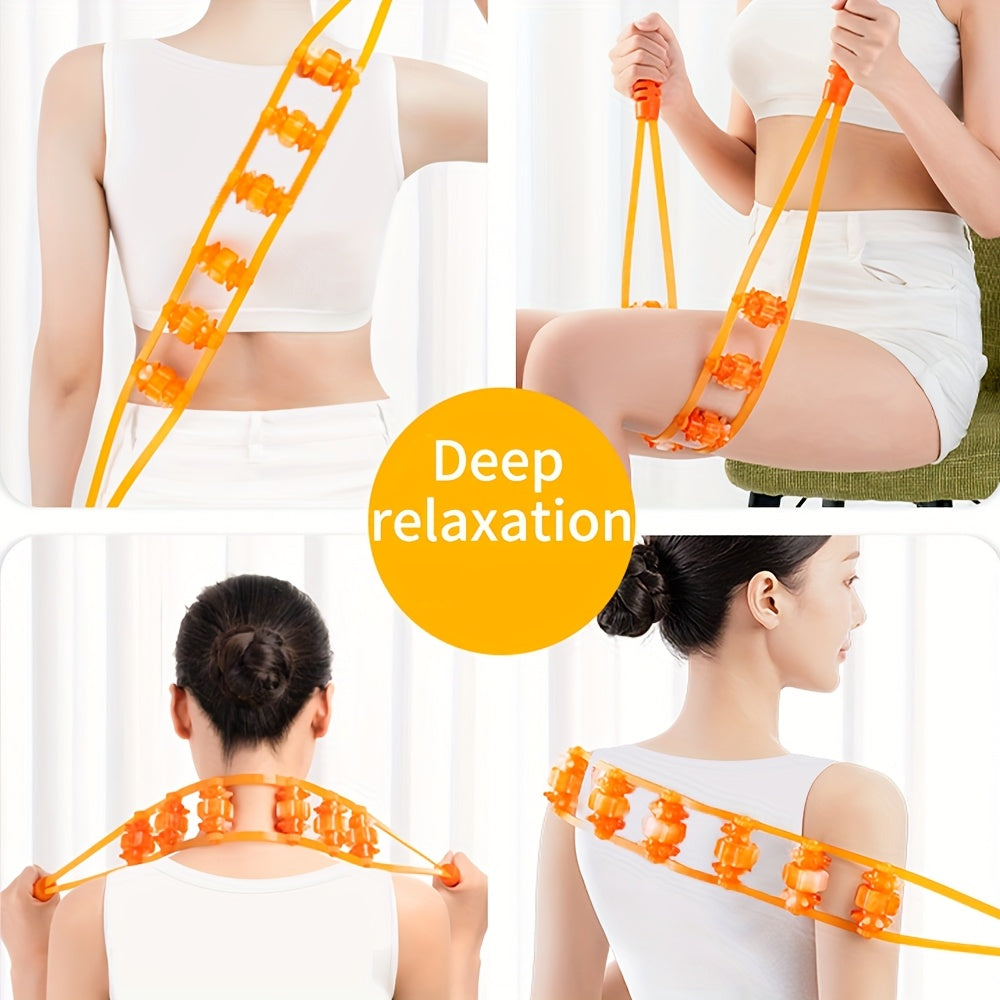 Portable back massage roller rope for travel, office, sports, and home use. Durable plastic with adjustable straps and textured rollers for neck and back massages.