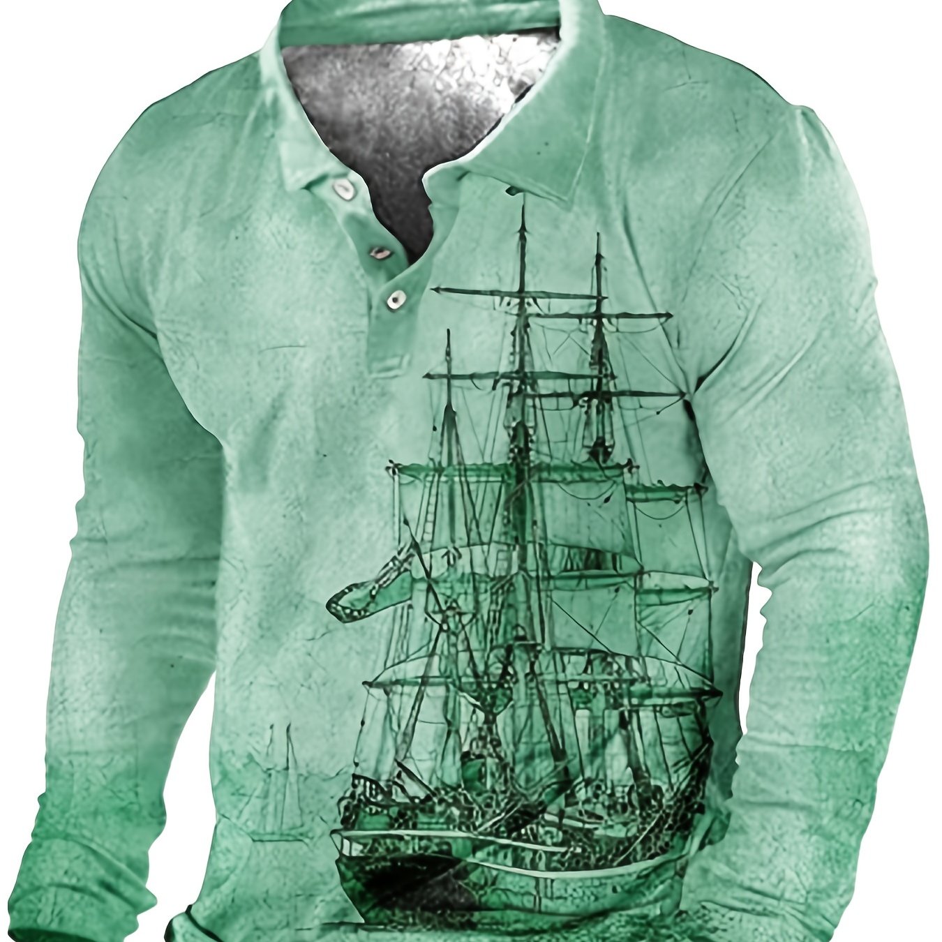 Oversized men's sailboat print shirt for spring/autumn, long sleeve golf shirt, plus size men's clothing