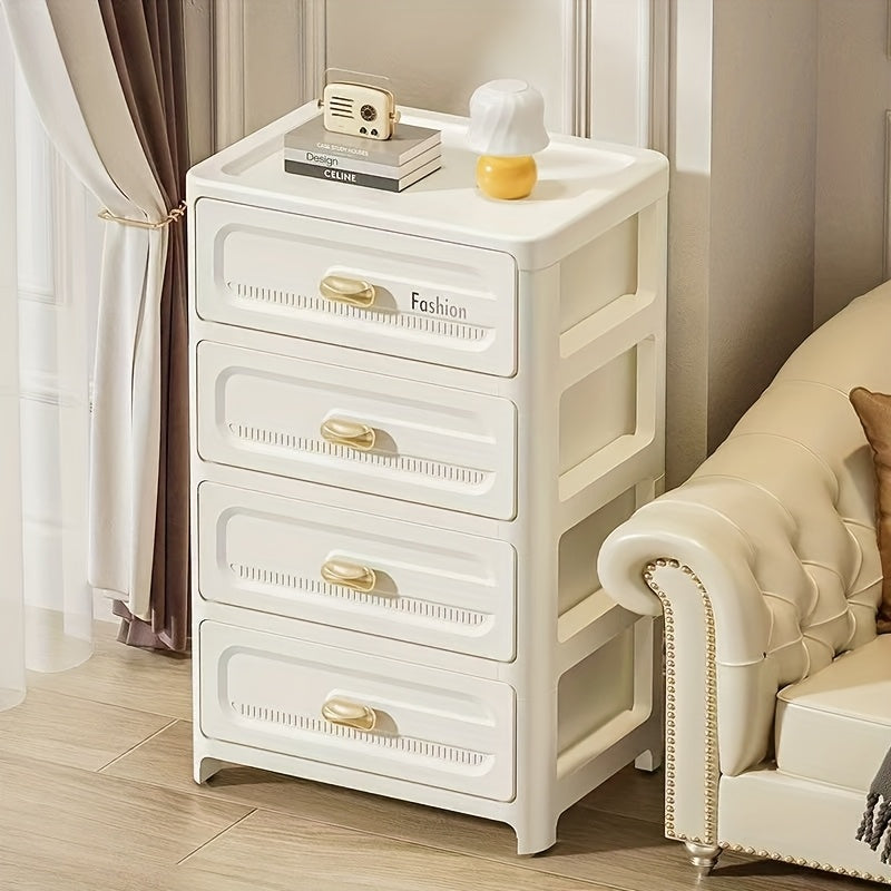 Rolling storage cabinet with drawers in white with transparent fronts, golden handles. Ideal for office, living room, bedroom. Perfect for snacks, documents, underwear, cosmetics. Great for