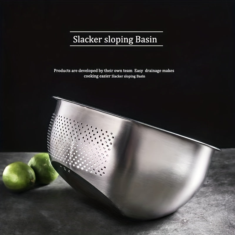 A durable stainless steel colander with fine mesh for straining, featuring a slant bottom draining bowl perfect for washing rice, vegetables, fruits, beans, and pasta. This kitchen colander is designed for quick draining with food-safe materials.