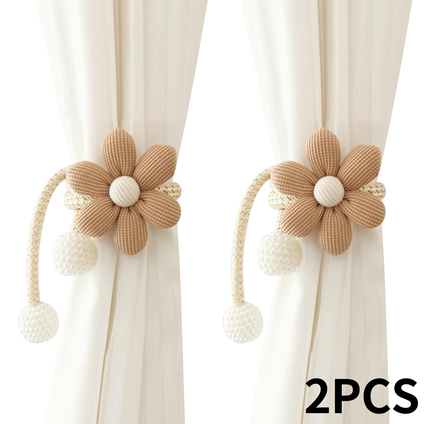 Elegant set of two curtain tiebacks featuring charming cartoon flowers and white faux pearl accents. No drilling required, making them ideal for bedrooms, living rooms, and children's rooms.