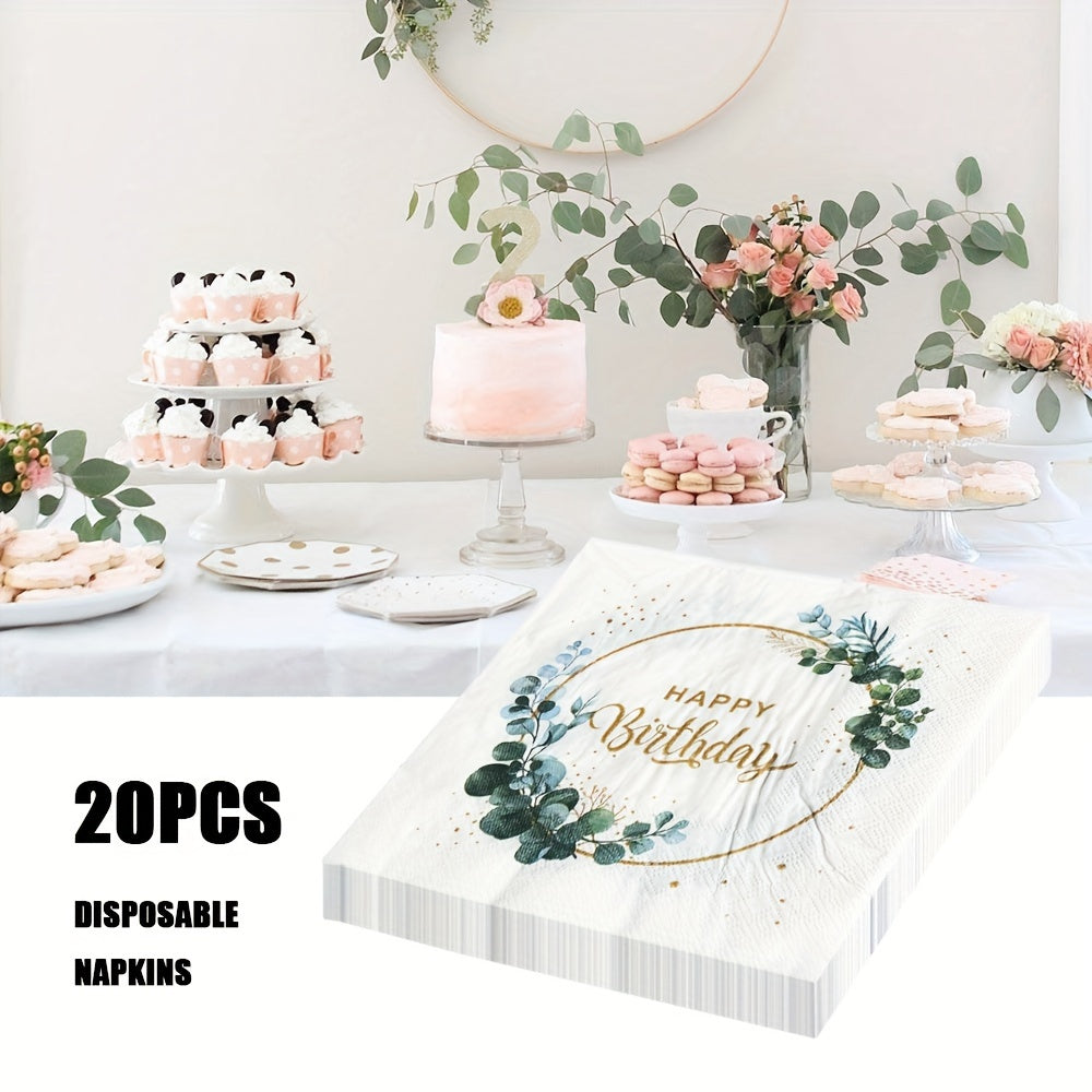 Celebrate in style with this pack of 20 Happy Birthday disposable napkins! Each napkin measures 33.02x33.02 cm and is made with double-layered paper for added durability. Perfect for parties and celebrations.