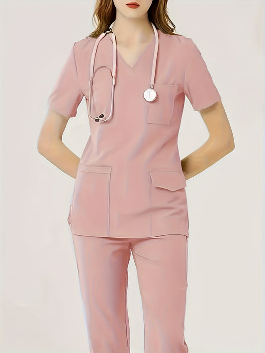 Women's two-piece healthcare uniform with a V-neck top, stretchy fabric, dental scrub gloves, functional pockets, and comfortable fit.