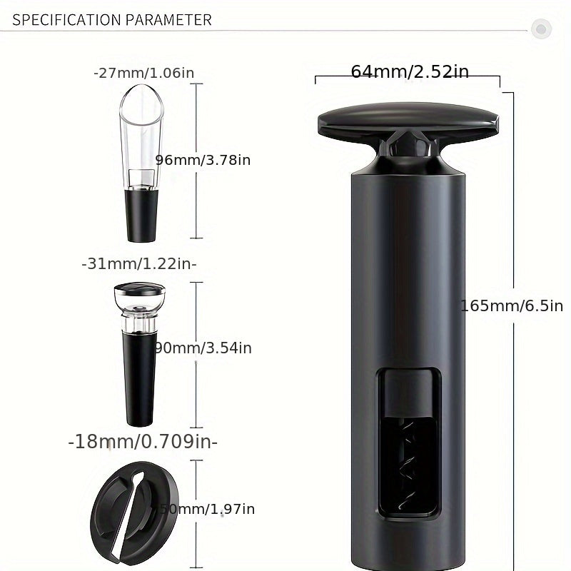 3-qismli vino shishasi ochuvchi to'plami, qopqoq burg'ulash, qopqoq ochuvchi, vakuum plomba va quyish vositasi. O'lchovlar: 6.4 sm X 16.51 sm.