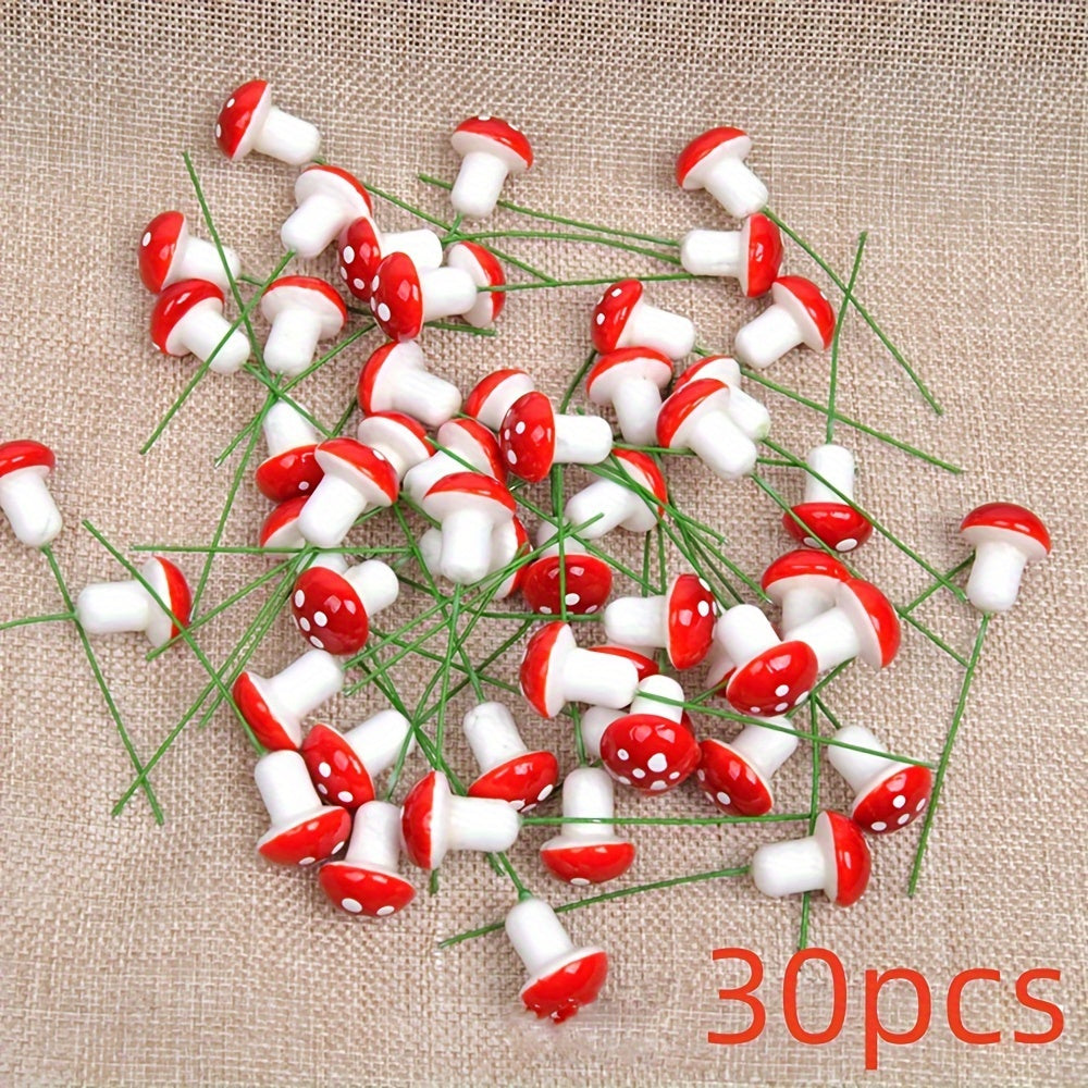 30 artificial plastic red mushrooms for Christmas decorating, miniature fairy gardens, and moss landscape building.