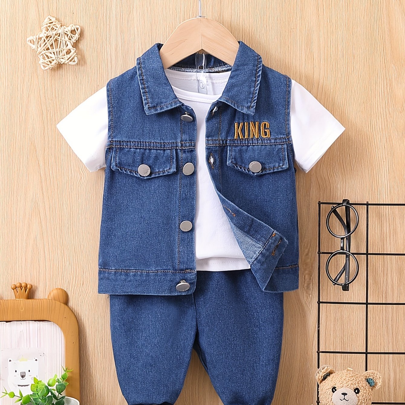 Boys' casual denim outfit with letter embroidery vest, short sleeve t-shirt, and pants.