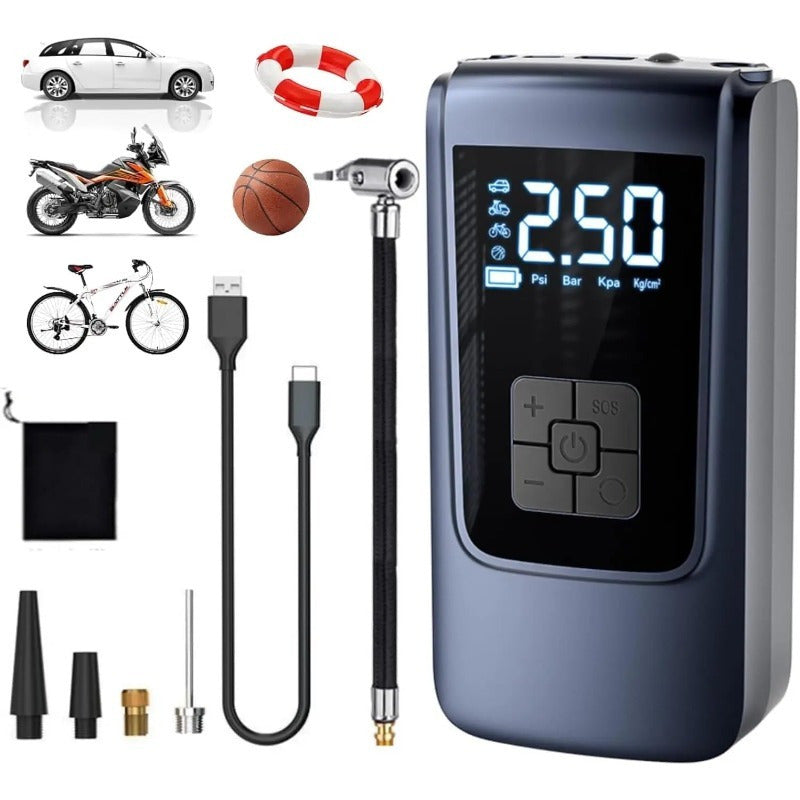 Portable 150PSI Tire Inflator with LED Screen, Rechargeable Battery, USB Charging, for Vehicles and Sports Equipment.