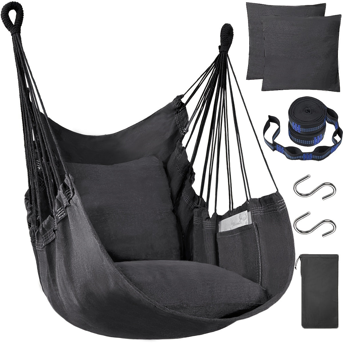 The package includes a hammock chair, two thick cushions, two 1.5-meter straps with 5 loops and 1 buckle, two climbing S-hooks, and a canvas storage bag. High-end configuration for export