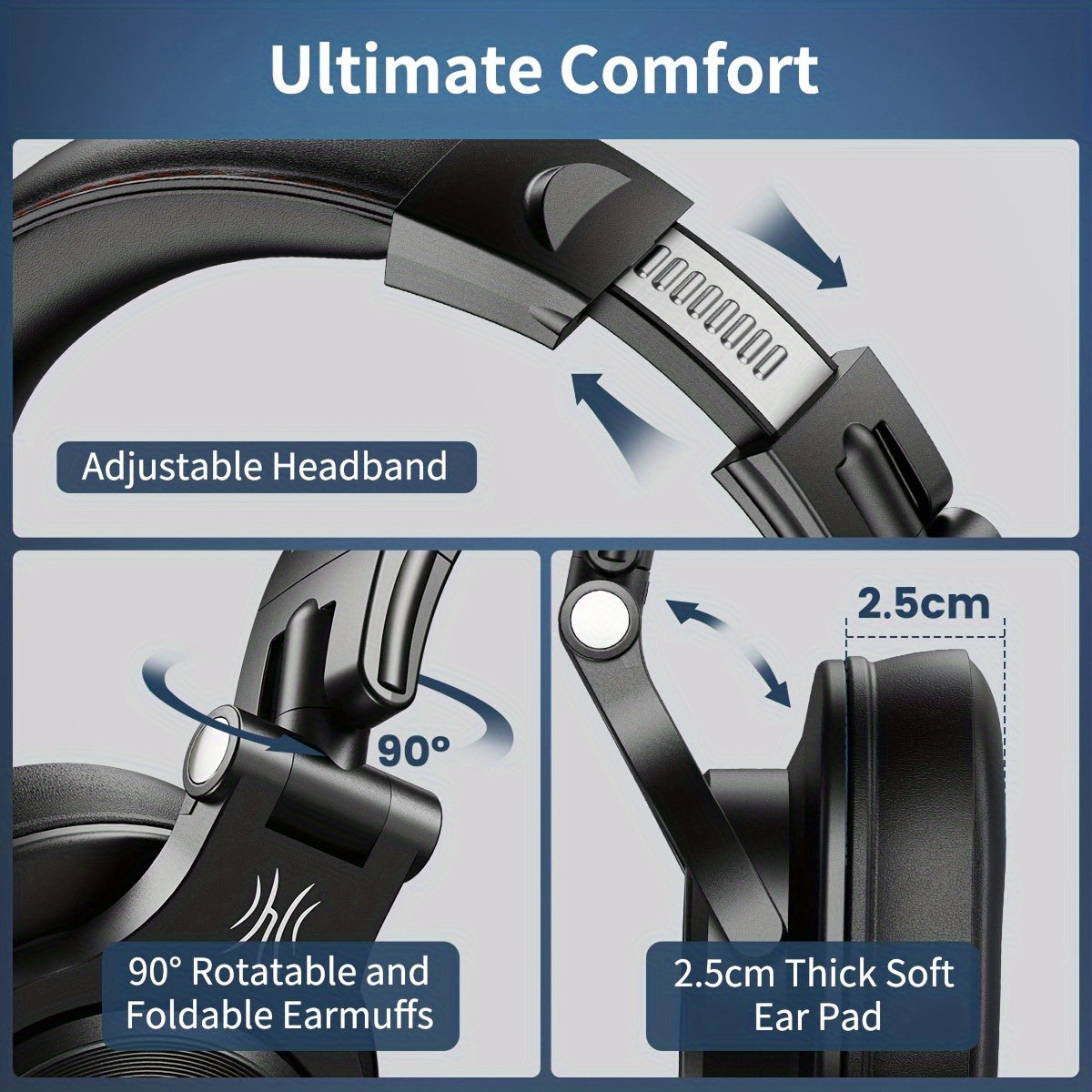 OneOdio A71m headphones feature Hi-Res audio, a boom mic, noise isolation, and detachable cables for various devices. They also offer adjustable headband, padded ear cups, and volume