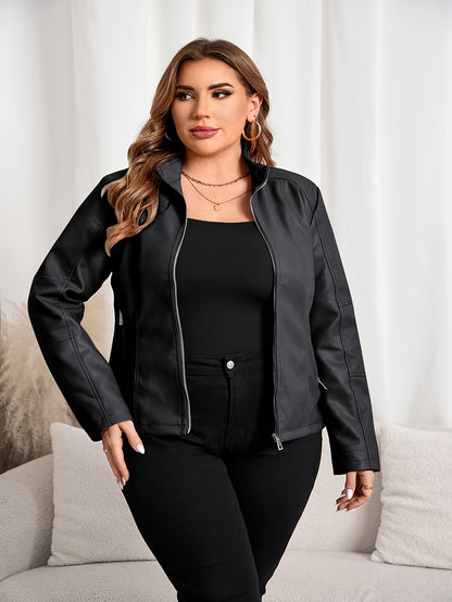 Brown PU leather jacket for plus size women, casual moto style with zipper closure, long sleeves, and lapel collar, perfect for spring/fall.