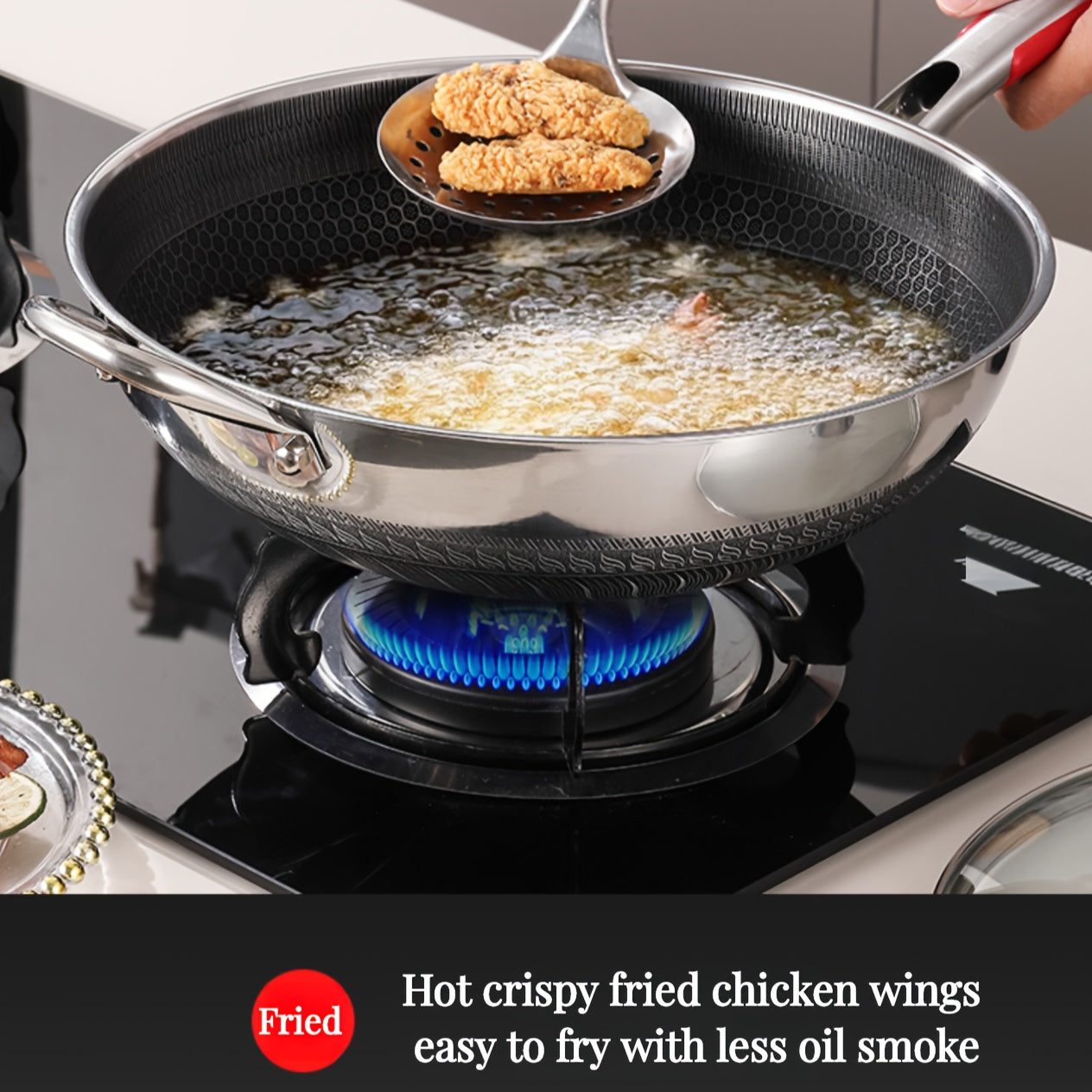 32cm/34cm Stainless Steel Frying Pan with Non-Stick Coating, Ideal for Induction Cookers & Gas Stoves. Featuring a Unique Honeycomb Wok Design, this Kitchen Cookware is Perfect for Cooking Fried Fish, Eggs and Steak. Great for Outdoor Use.