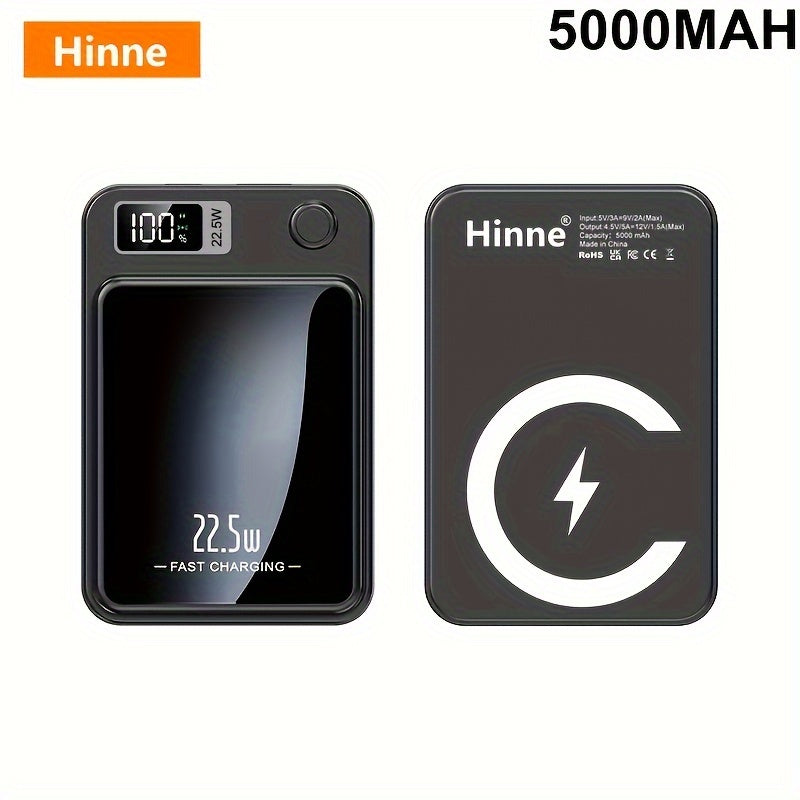 5000/10000mAh Hinne Mobile Power Bank with Super Fast Charge, Wireless Charging, LED Display, and Outdoor Emergency Backup.