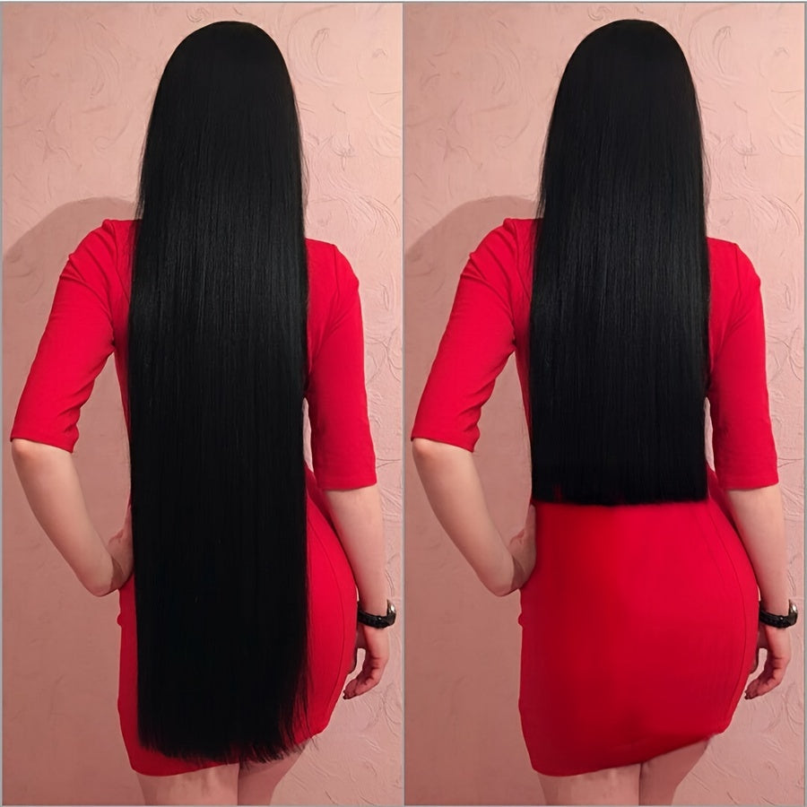 Synthetic Super Long 5 Clip In Hair Extension in Black/Brown/Blonde, extra-long straight hair, one-piece fake hairpiece for women. Available in lengths from 50cm to 100cm, ideal for daily