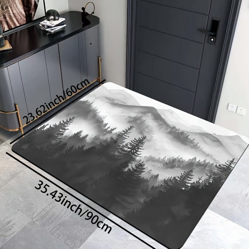 Forest Big Mountain Pattern Bathroom Carpet with Foam Cushion and Skid-Proof Bottom for Kitchen, Living Room, Bedroom, and Indoor Spaces. Machine Washable Entrance Doormat for Home Decor.