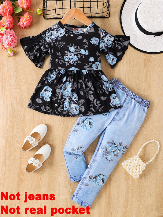 Set of floral peplum top with flare sleeves and matching leggings for girls, perfect for summer outings.