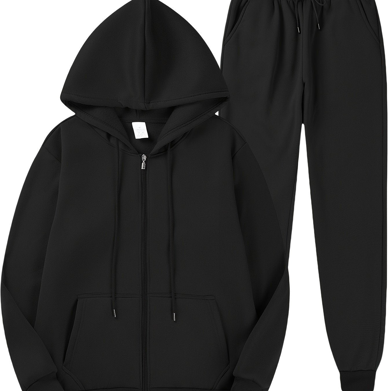 Men's casual fleece hoodie and sweatpants set made of 100% polyester. Includes a long sleeve zip-up hooded sweatshirt with kangaroo pocket, regular fit, knit fabric, solid color. Ideal for