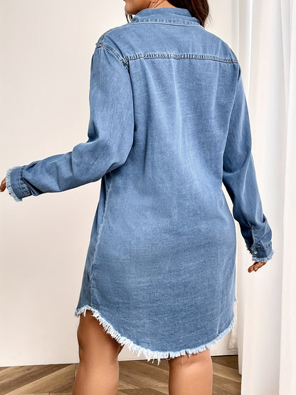 Plus size washed blue denim top with raw hem, elegant style