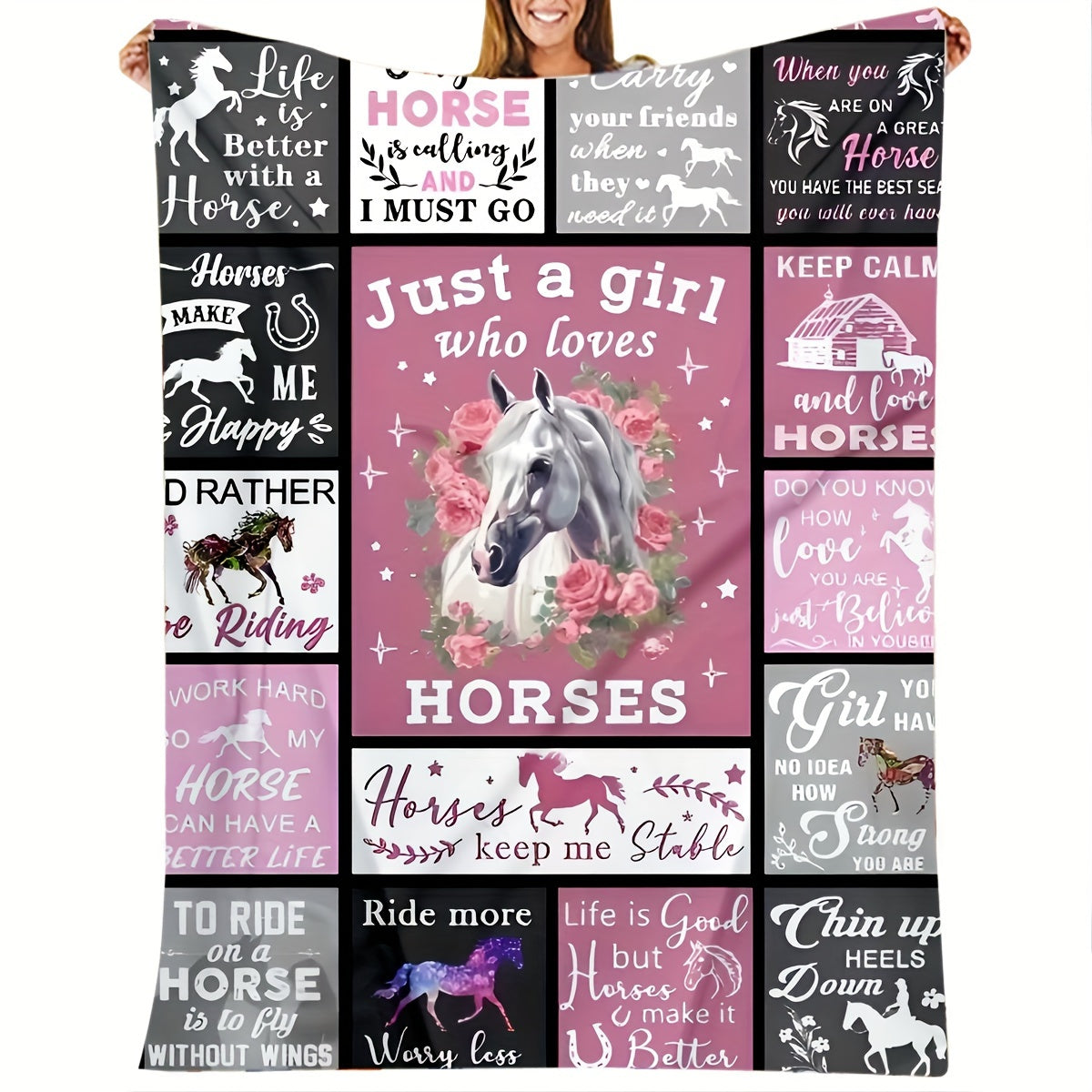 Elegant Horse-Inspired Flannel Throw Blanket in Glam Style - Perfect for Horse Lovers' Birthdays! Made of 100% Polyester, Hypoallergenic, All-Season, Knitted Design with Digital Print. Recommended for Dry Cleaning. Great Equestrian Gift Idea for Girls