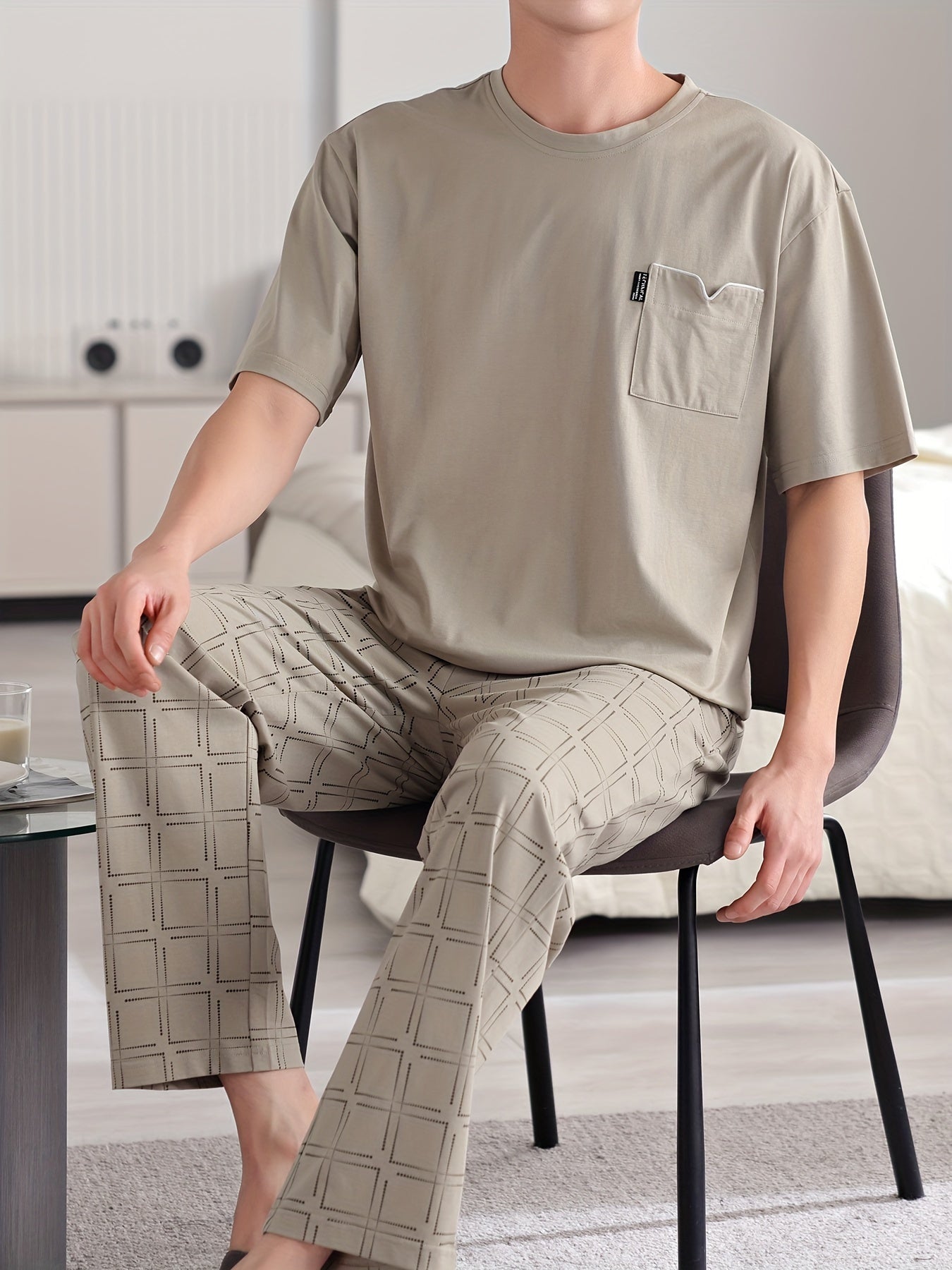 Men's Plus Size 2-Piece Cotton Pajama Set with Trendy Design, Short Sleeve Top, and Geometric Print Trousers. Comfortable and Skin-Friendly Loungewear for Men.