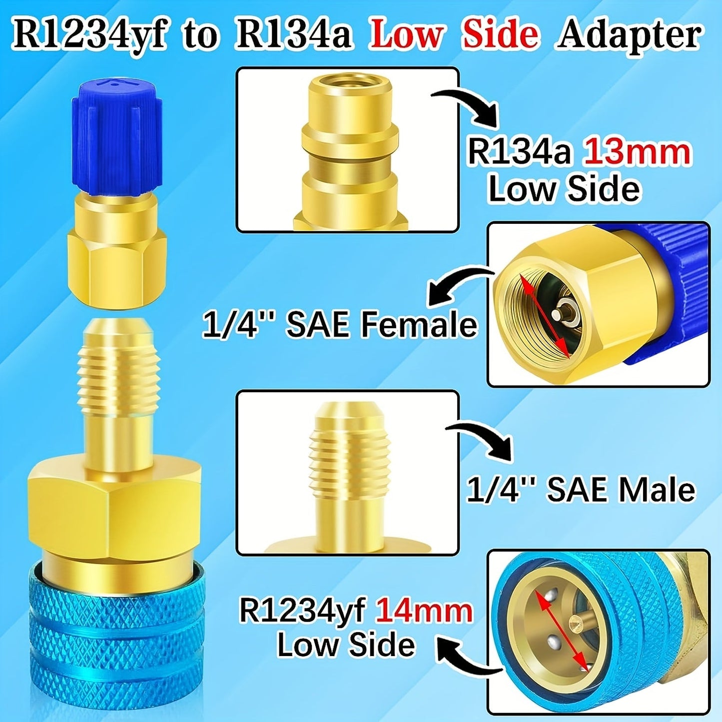 Adapter kit for converting to R1234yf refrigerant, compatible with all universal AC systems, does not need electricity to operate.