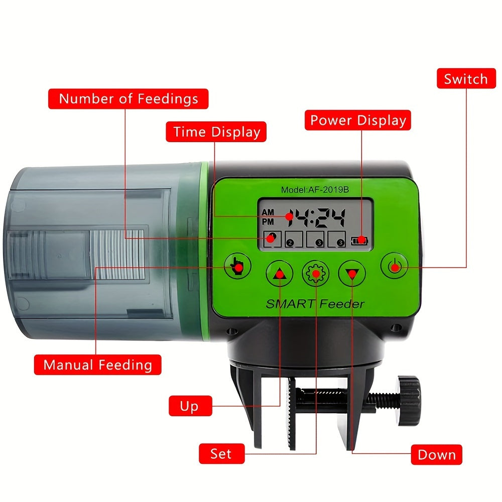 Autofeeder Automatic Fish Feeder with 200ml capacity, smart timing, battery powered, suitable for goldfish and other fish ≤36V operating voltage, PVC material. No batteries required.