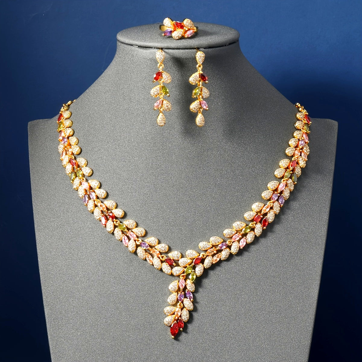 Middle Eastern-inspired copper jewelry set featuring colorful zirconia stones, elegant palace-style wheat tassel design. Set includes 1 necklace, 1 pair of earrings, and 1 ring.