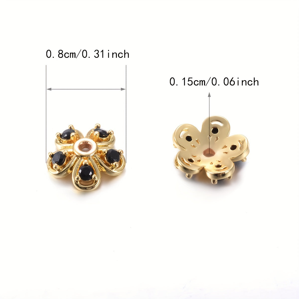 Brass Flower Bead Caps with Synthetic Cubic Zircons - Set of 20 pieces in a bag, including 10mm, 8mm, and 6mm sizes. Perfect for creating stunning jewelry pieces.