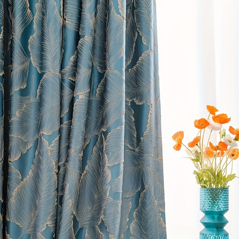 Luxurious embossed bronzing leaf curtains with semi blackout feature, perfect for living rooms and bedrooms. These curtains feature a jacquard design with a 3D plant pattern, adding a touch of elegance to any room. The grommet top farmhouse drapes are a