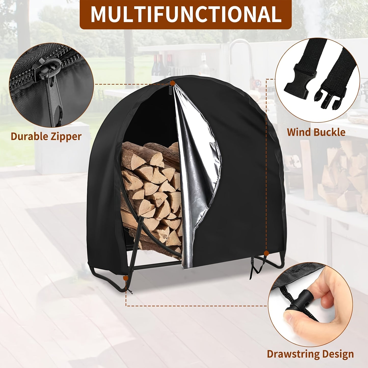 Waterproof Outdoor Log Rack Cover, Round Firewood Protector with Zipper and Wind Buckle, UV-Resistant Wooden Log Stand Storage Tarp, All-Season Weatherproof Firewood Cover for Dry Wood Storage