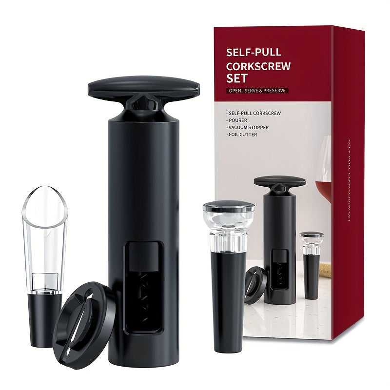 4-piece wine accessories set includes a wine opener, foil cutter, pourer, and vacuum stopper made of food-grade materials for manual corkscrewing, foil cutting, pouring, and wine preservation.