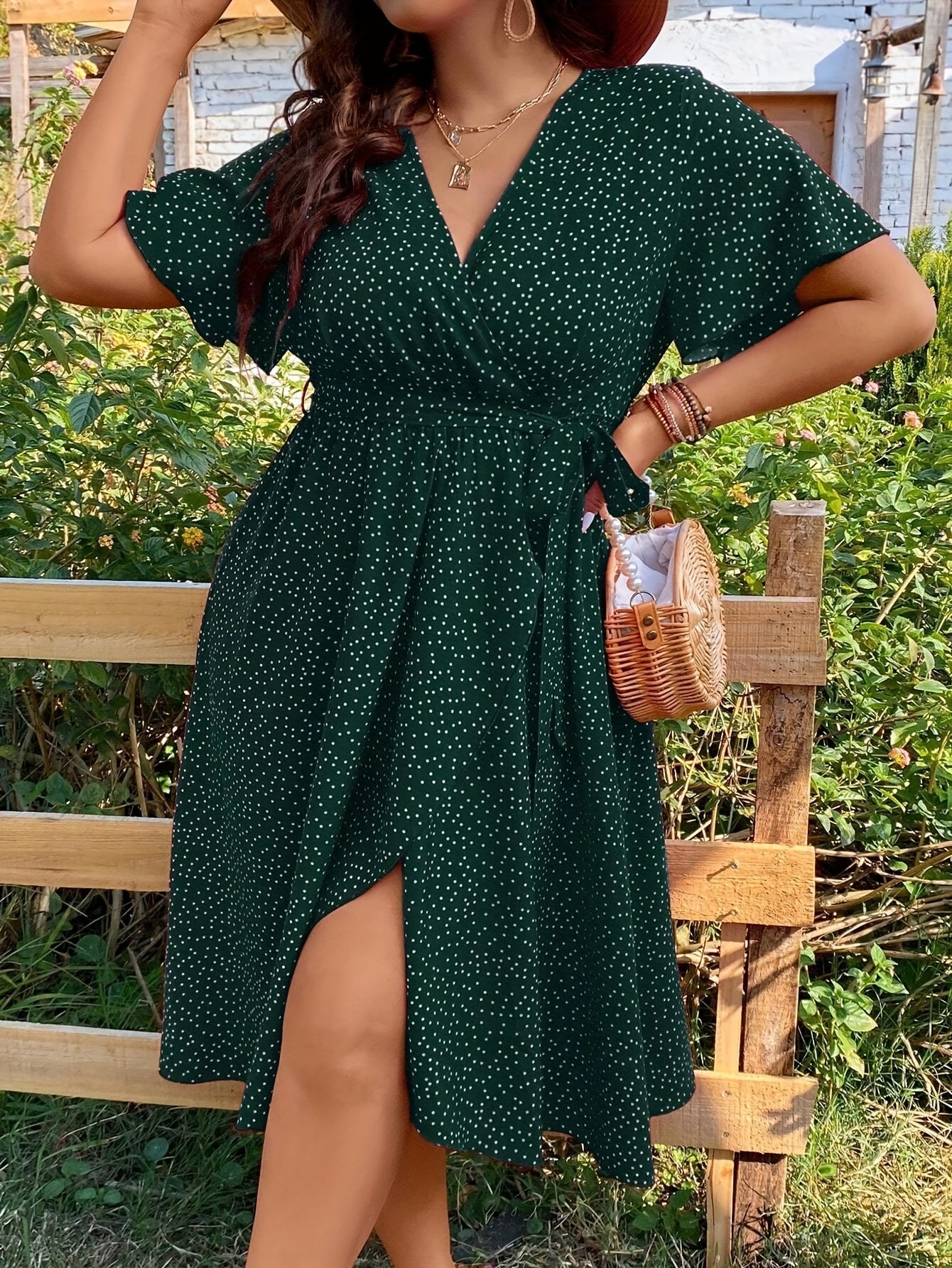 Plus size pin dot print belted dress for spring & summer in women's plus size.