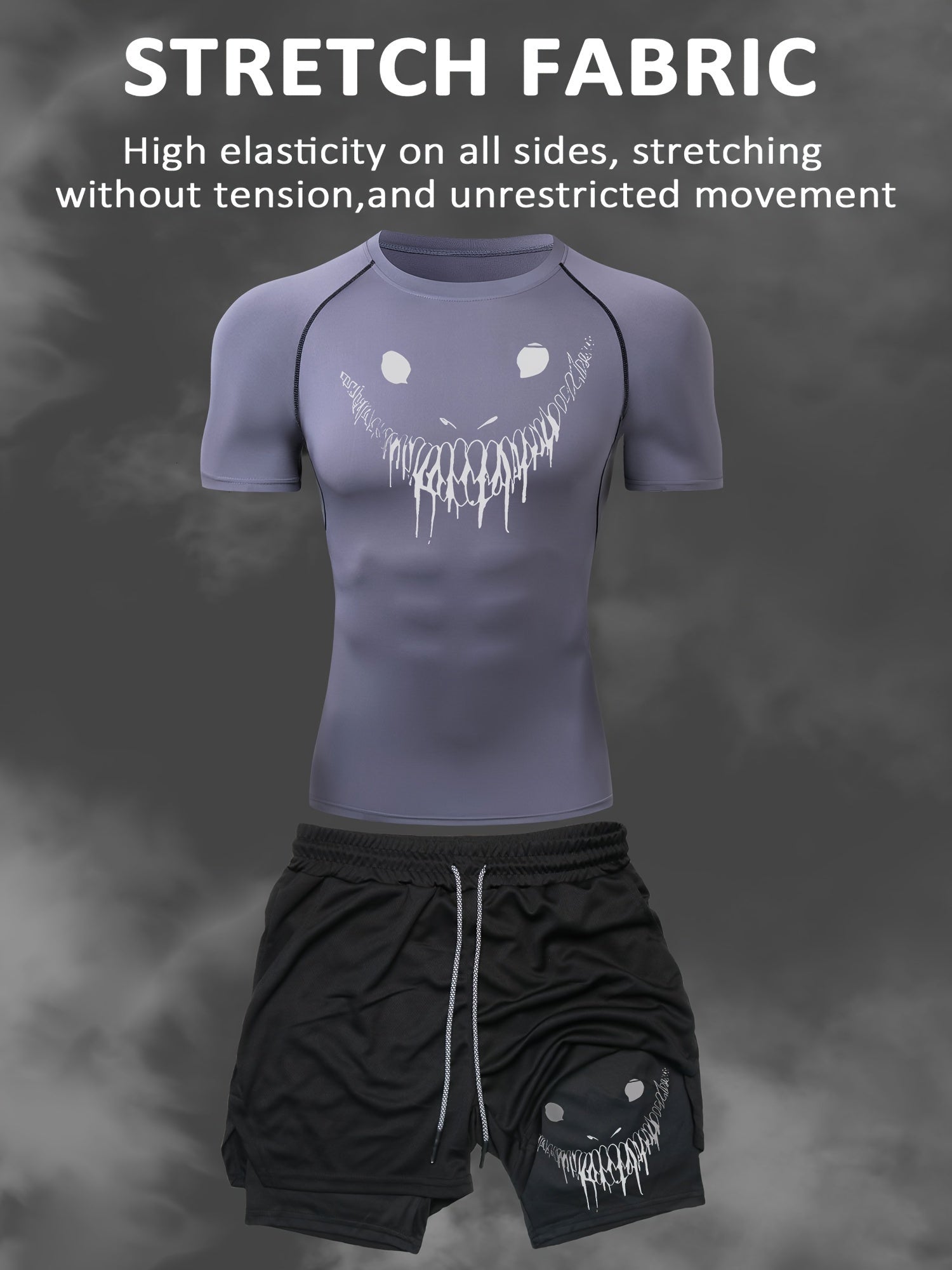 Men's Quick-Dry Athletic Set: Smile Print T-Shirt & Multi-Pocket Shorts for Gym, Running & Outdoor Activities