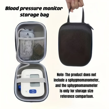 Small carrying case for wireless upper arm blood pressure monitor with cuff storage is portable and convenient for managing health on-the-go.