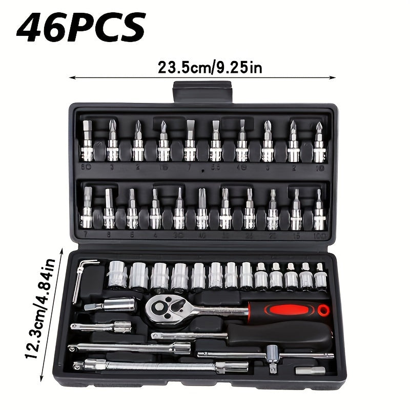 46-piece car repair tool set includes spanners, socket wrench, ratchet, torque wrench, screwdriver, and accessories for cars, bicycles, and motorcycles. Portable and multifunctional.