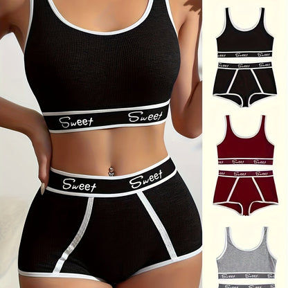 Sporty letter contrast trim bra and shorts set, scoop neck soft bra and high waist boxer shorts lingerie set for women.