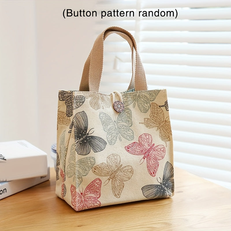 Canvas Tote Lunch Bag with Butterfly Print - Perfect for School, Travel, Picnic, or Office Use