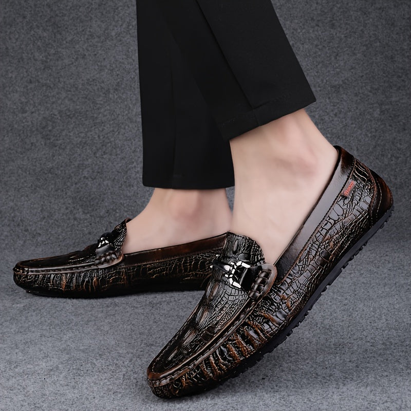 Men's lightweight slip-on loafers made of split cow leather with solid color. Features a comfortable non-slip rubber sole, suitable for casual or dress wear.