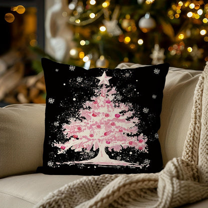 Elegant Black Linen Pillowcase with Chic Christmas Tree Design - Features Single Sided Print, Zip Closure for Convenience, and Versatile Home Decor Option