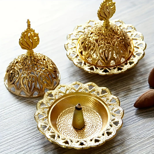 Vintage Arabic golden metal incense burner set for home décor and aromatherapy gifts, featuring a backflow catcher and mini tabletop design.