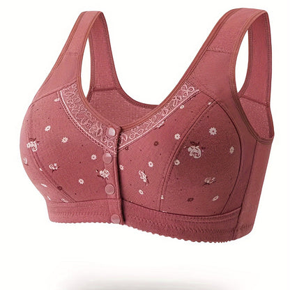 Elegant floral print wireless bralette made of polyester and elastane blend knit fabric with button detail. Light support with no padding. 92% polyester and 8% elastane.