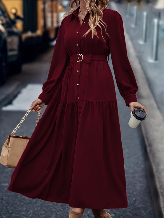 Middle-Eastern style polyester shirt dress with lantern sleeves, ruffled hem, and button details - A-line woven midi dress suitable for spring/fall.