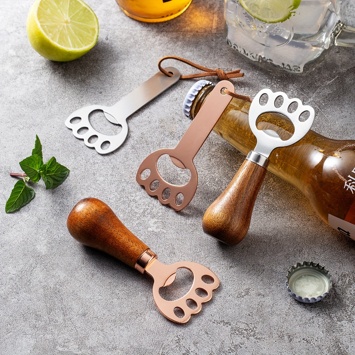 1pc Cat claw beer opener with wooden handle, stainless steel.