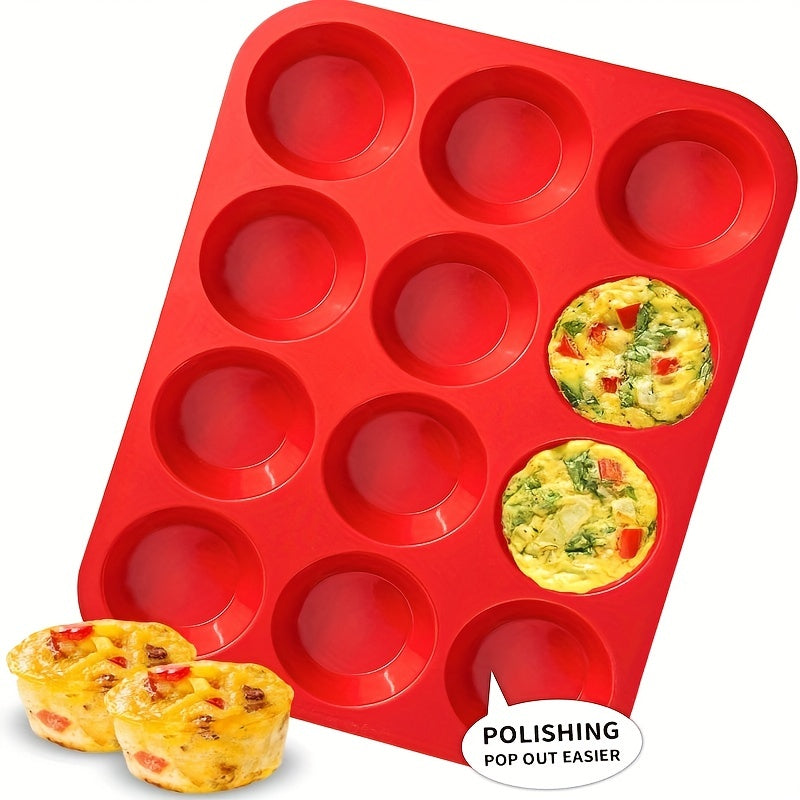 One piece of nonstick BPA free cupcake pan made from silicone, featuring 12 cups and measuring 32.51cm x 24.38cm. This regular size silicone mold is perfect for baking and a must-have kitchen gadget and accessory.