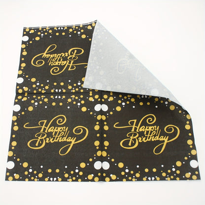 20 Black napkins (33.02cmx33.02cm) with gold Happy Birthday pattern, ideal for events such as weddings, anniversaries, and birthdays.