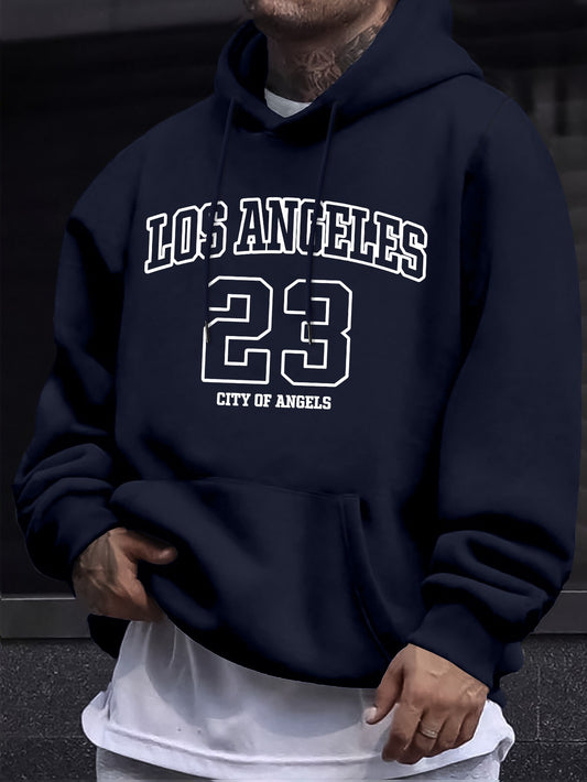 Men's Navy Blue Los Angeles 23 Graphic Hoodie - Casual knit pullover with drawstring and kangaroo pocket, made of soft polyester blend. Machine washable for spring/fall.