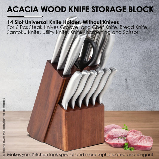 The perfect gift for any occasion - Acacia Wood Knife Block with 14 slots to hold all your essential knives including 6 steak knives, chef knife, bread knife, santoku knife, utility knife, and even space for knife sharpening and scissors. This countertop