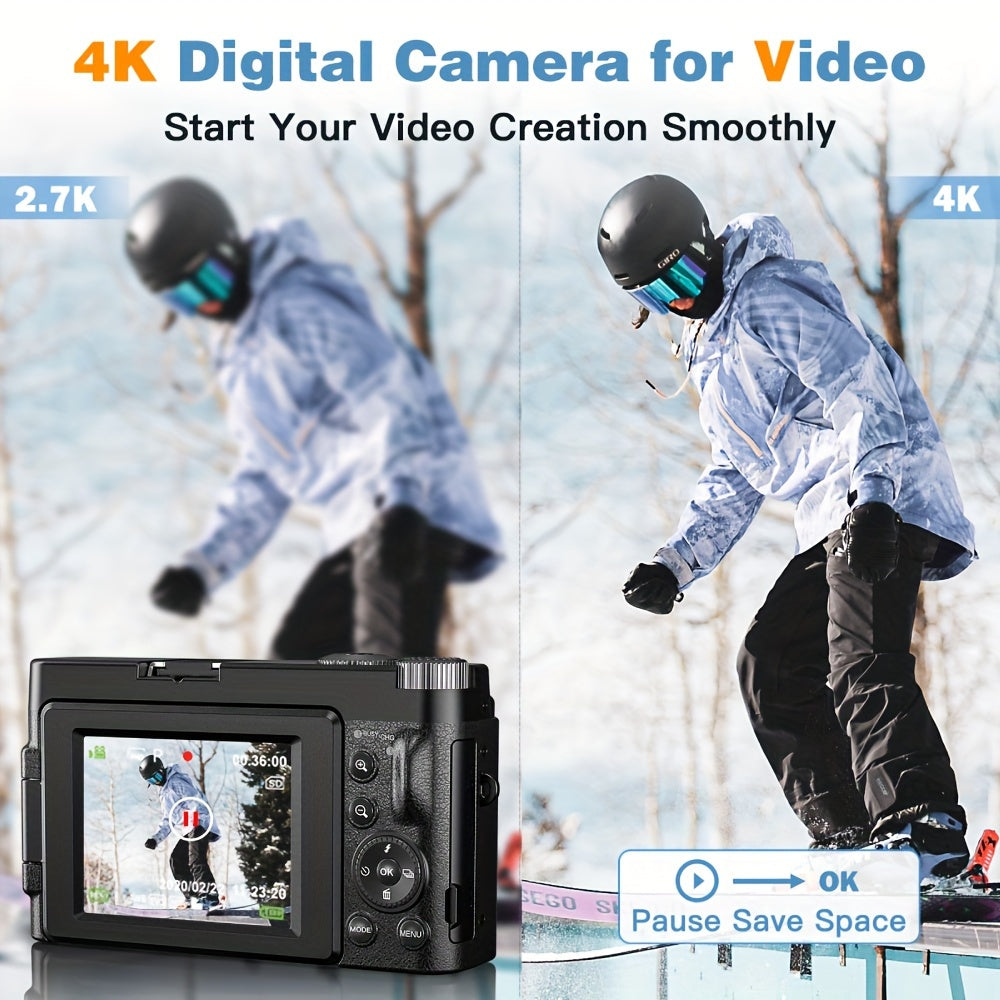 Цифровая камера Zostuic 4K Ultra HD с автофокусом 48 МП, 16-кратным цифровым зумом, экраном с поворотом на 180°, анти-качением, встроенной вспышкой, картой памяти 32 ГБ и перезаряжаемой батареей - идеальна для фотографии.