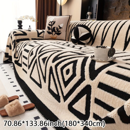 Modern Geometric Plush Sofa Cover in Black & White, All-Season, Dust-Proof, Pet-Friendly. Fits Single to Four-Seater Sofas. Machine Washable. Ideal for Living Room & Bedroom.