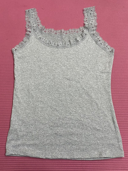 Three solid round neck tank tops, casual lace trim vest top, women's lingerie and underwear.